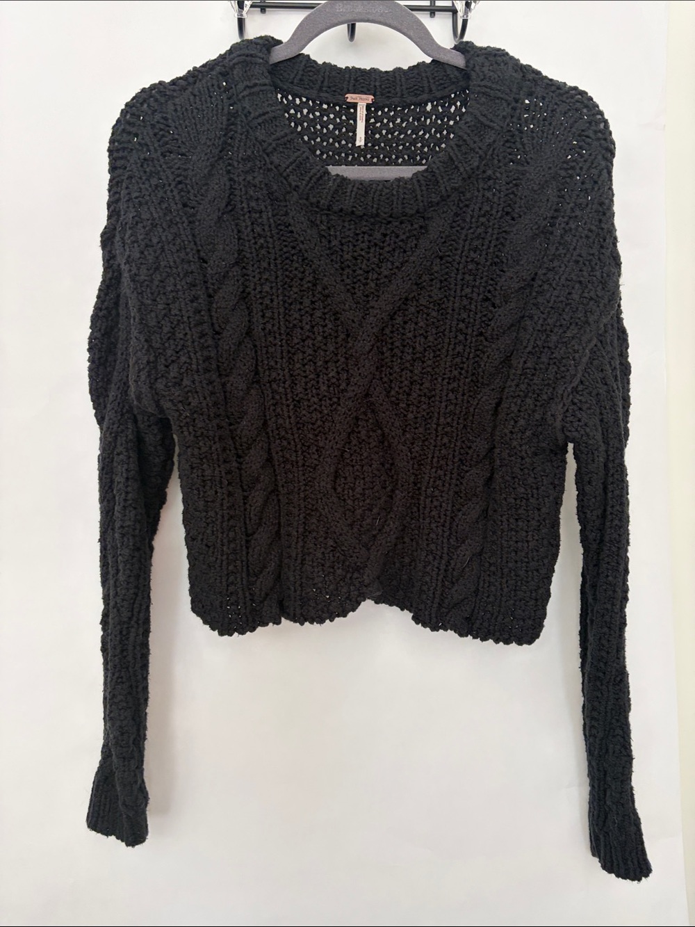 Free People Black Cable-Knit Crewneck Sweater - Size Small